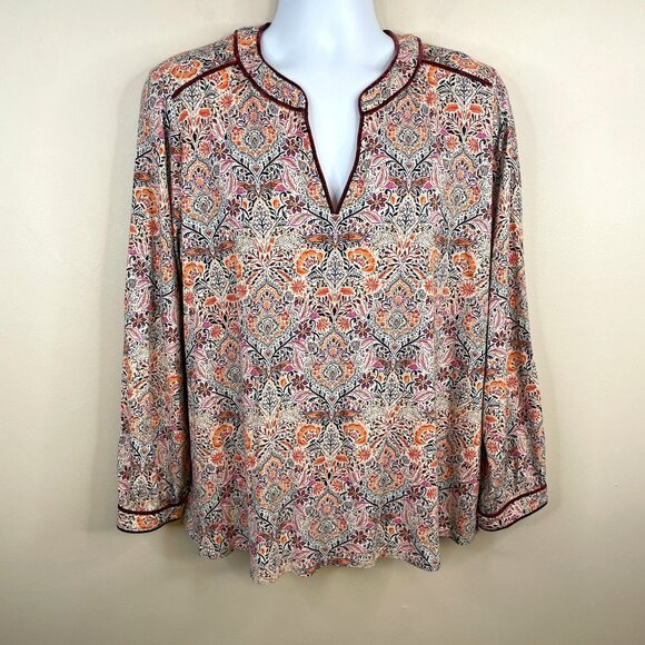 J Jill Womens Velvet Trim Folk Art Floral Tunic Top Size XL Tencel Modal Shirt - Picture 1 of 13